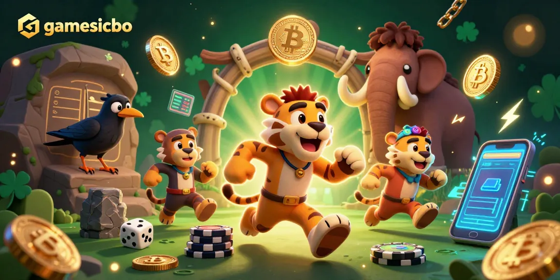 Experience the thrill of gamesicbo in a vibrant prehistoric casino scene with playful characters and crypto elements.