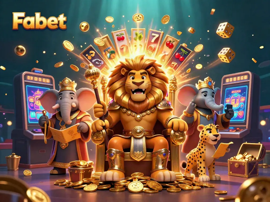 Experience the thrilling world of Fabet with a majestic lion king and dynamic casino elements.