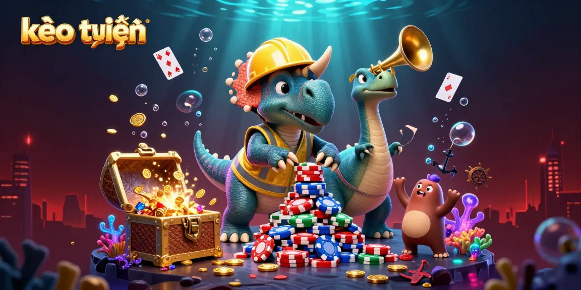 Experience thrilling kèo trực tuyến action with 3D cartoon dino characters celebrating amidst casino-themed underwater treasures.
