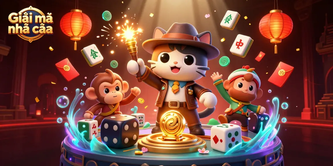 Giãi mã nhà cái featuring an explorer cat and a monkey companion amidst vibrant gambling elements