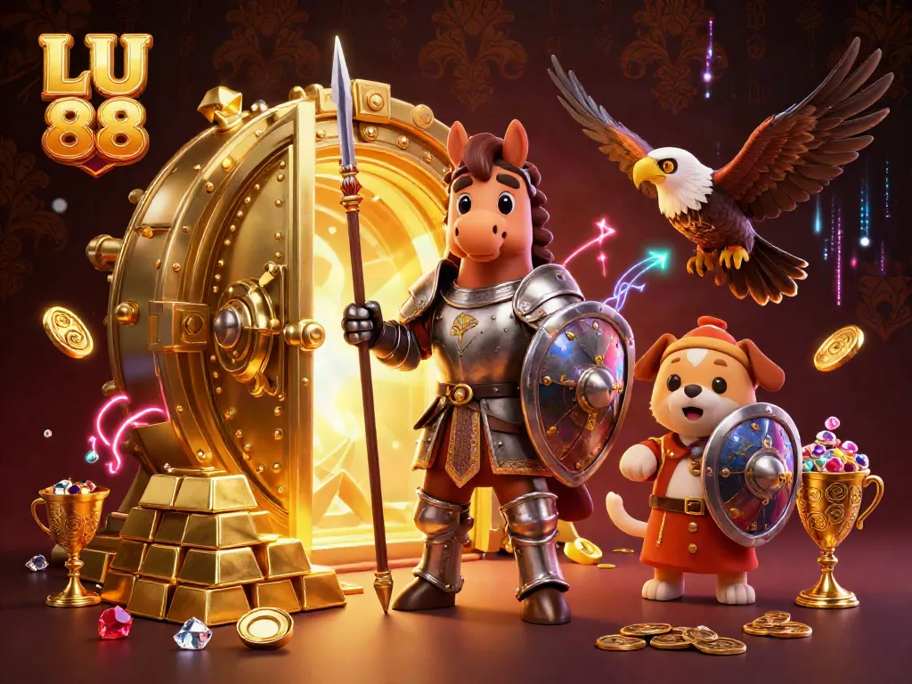 Experience the excitement at LU 88 with a dynamic medieval knight, puppy squire, and falcon surrounded by treasures.