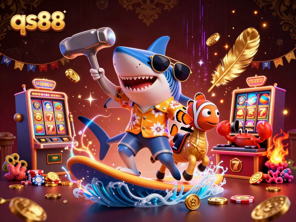 Experience thrilling casino action with qs88, featuring vibrant characters surfing gold coins amidst dynamic gaming elements.