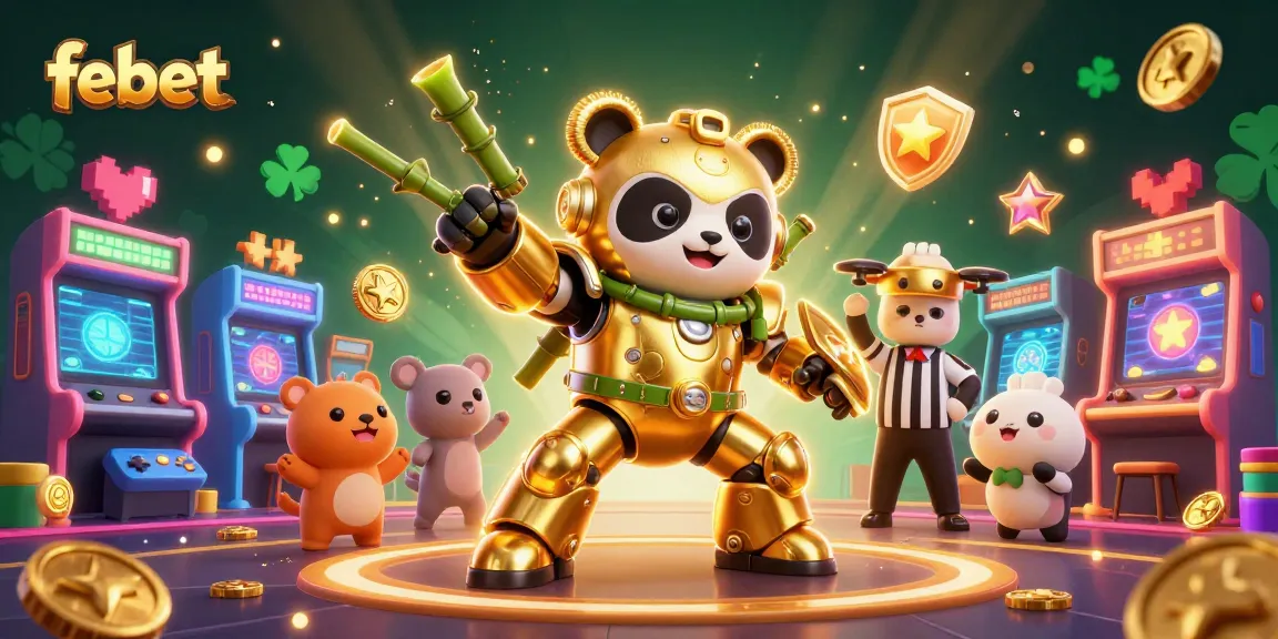 Join the golden panda in vibrant febet casino action with arcade machines and exciting game elements.