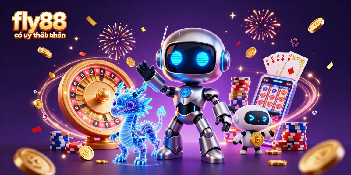 Experience the excitement of fly88 có uy tín không with a dynamic digital casino scene featuring robots and holographic elements.