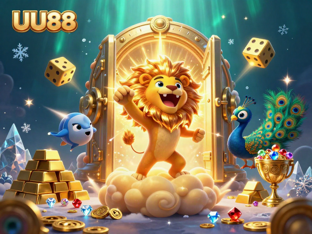 UU88 showcases a vibrant 3D casino scene with a lion and golden dice, capturing the thrill of gaming.