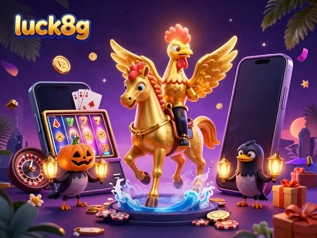 Experience the thrilling luck8g scene with a golden rooster and companions immersed in casino action.