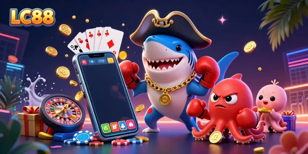 Engage with the vibrant LC88 gaming world featuring characters and exciting casino games.