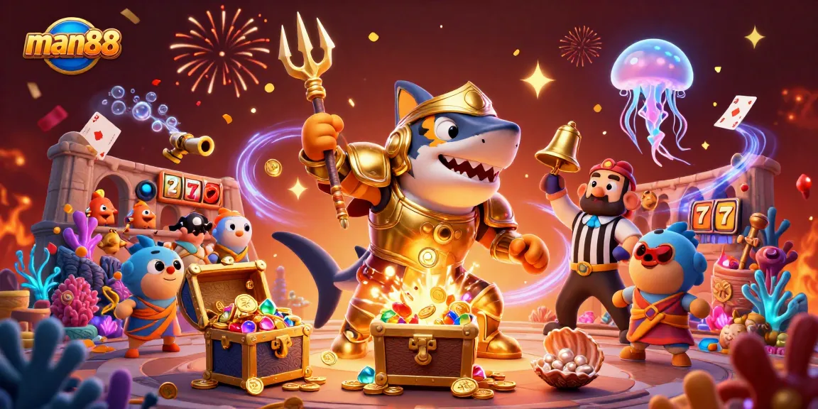 Experience thrilling action at man88 with a vibrant underwater casino scene featuring a golden shark gladiator.