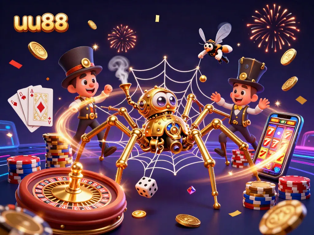 Experience thrilling gameplay at uu88 with a captivating 3D steampunk casino scene featuring golden coins and roulette.