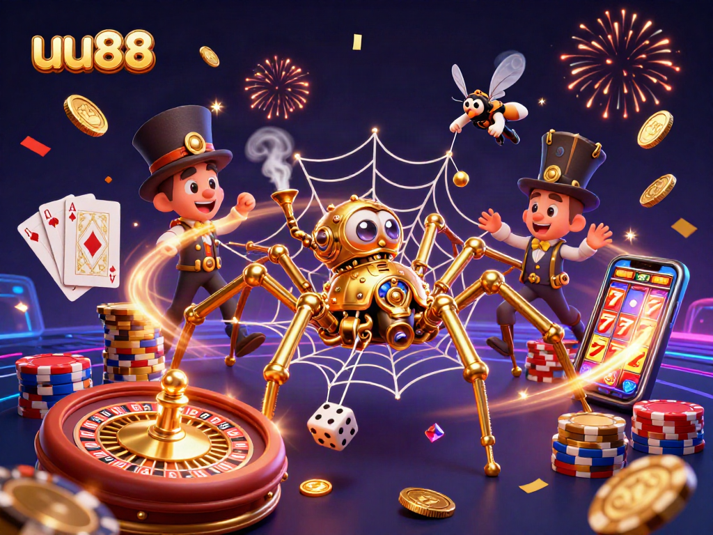 Experience thrilling gameplay at uu88 with a captivating 3D steampunk casino scene featuring golden coins and roulette.