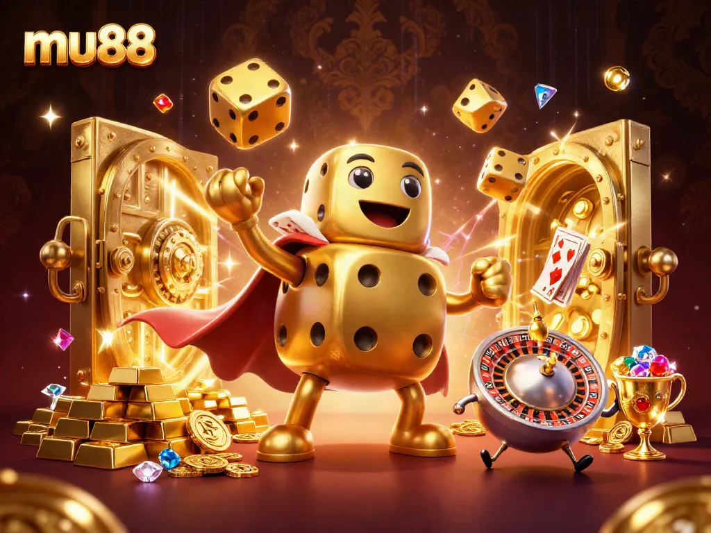 mu88 showcases an exciting online gaming experience with golden dice and treasures in a vibrant 3D illustration.