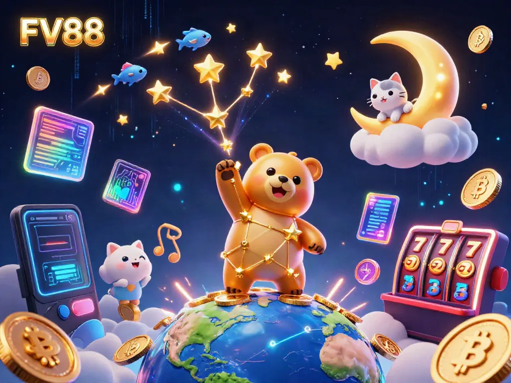 Engage with FV88's exciting slot games featuring golden stars and vibrant coins.