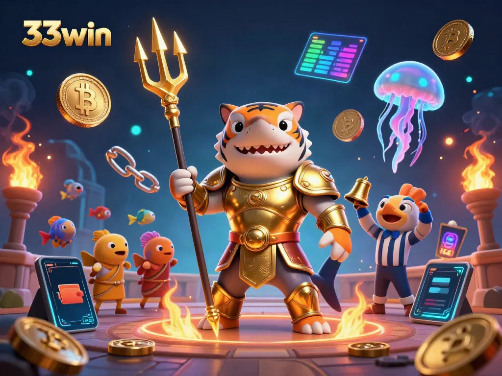 Experience thrilling action with 33win in a dynamic underwater casino scene featuring characters and vibrant crypto elements.