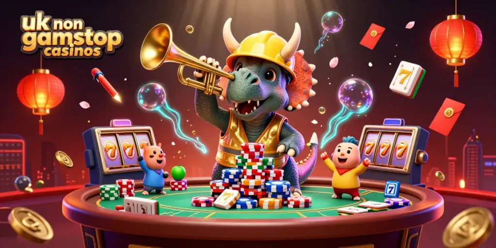 Engage with uk non gamstop casinos through vibrant 3D casino characters celebrating with poker chips and slot reels.