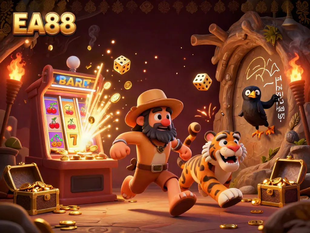Experience the excitement at EA88 with a lively 3D casino scene featuring prehistoric characters and dynamic jackpots.