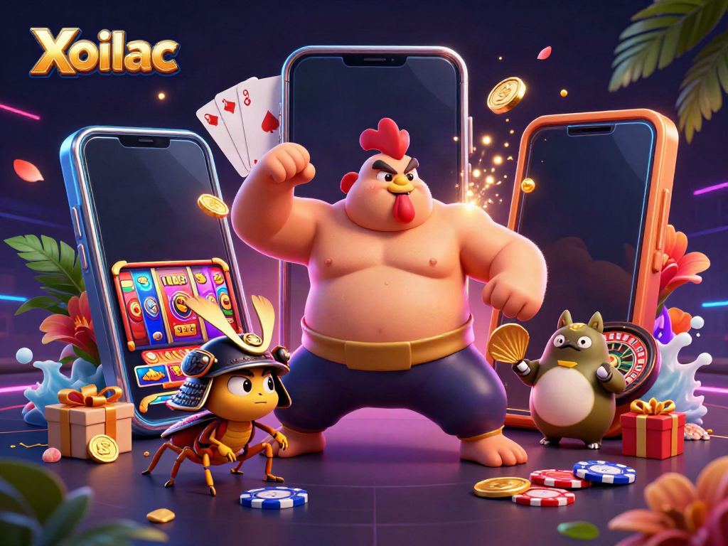 Xoilac kickstarts the gaming adventure with vibrant casino elements surrounding dynamic characters.