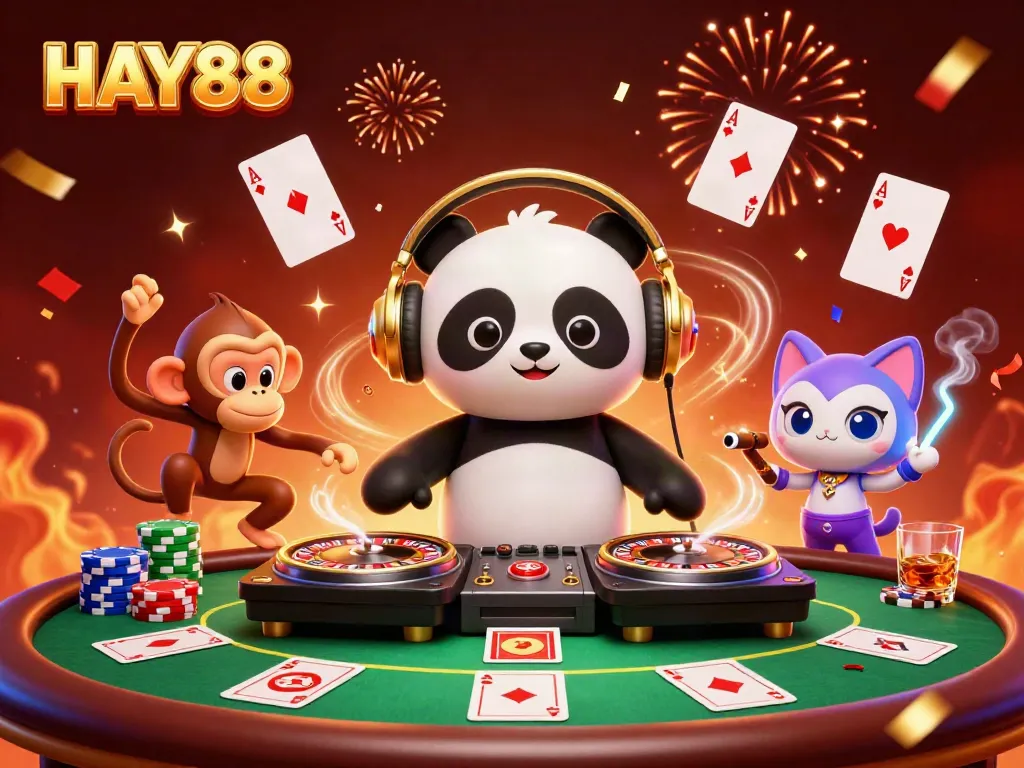 Experience the vibrant excitement of HAY88 with lively characters celebrating on a casino dance floor.