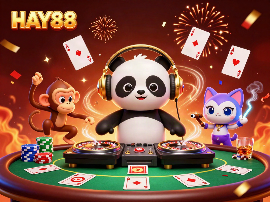 Experience the vibrant excitement of HAY88 with lively characters celebrating on a casino dance floor.