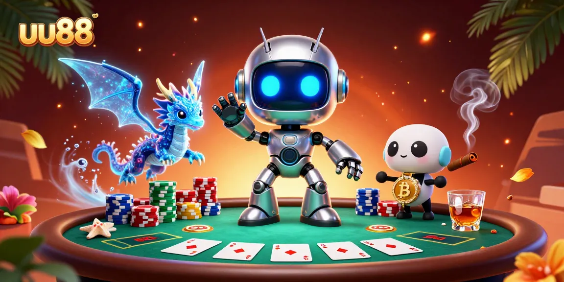 Engage with ue88's exciting poker scene featuring a cyberpunk robot and holographic dragon!