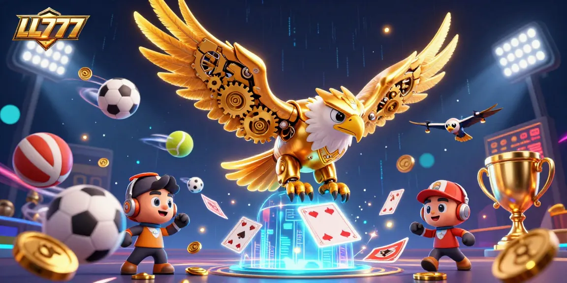 Experience thrilling action at LL777 with a cybernetic eagle soaring through holographic cards, surrounded by sports elements.