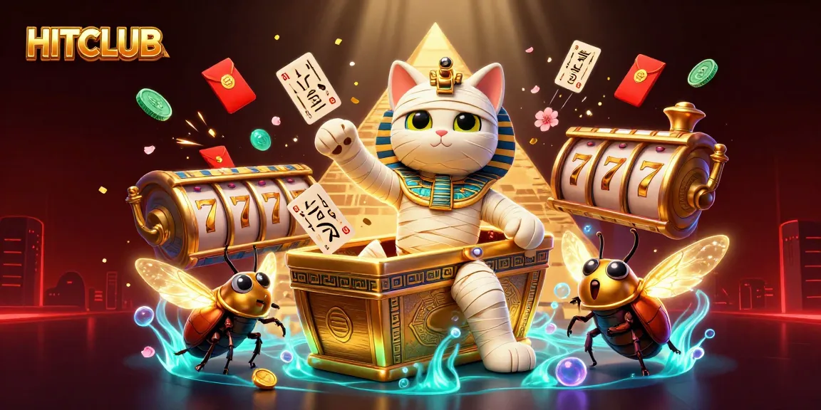 Discover HITCLUB's vibrant slot gaming world through this dynamic illustration of an Egyptian mummy cat and golden elements.