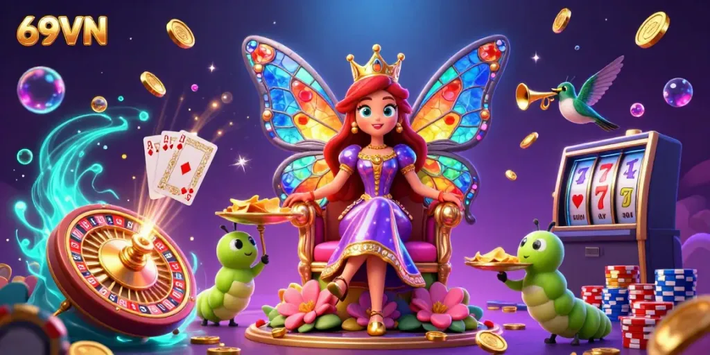 Experience exciting gaming with 69VN in a vibrant 3D illustration showcasing a colorful butterfly queen amidst casino elements.