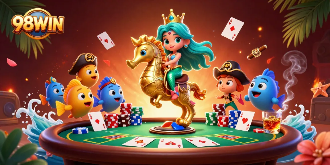 Engage with 98WIN at a lively casino scene featuring a mermaid princess and gold-seahorse.