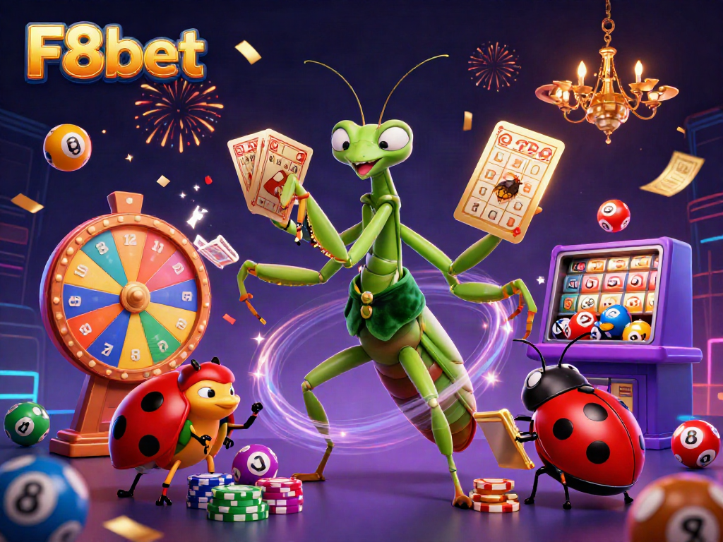 Join the excitement at F8bet as a giant praying mantis card sharp deals cards amidst colorful lottery elements.