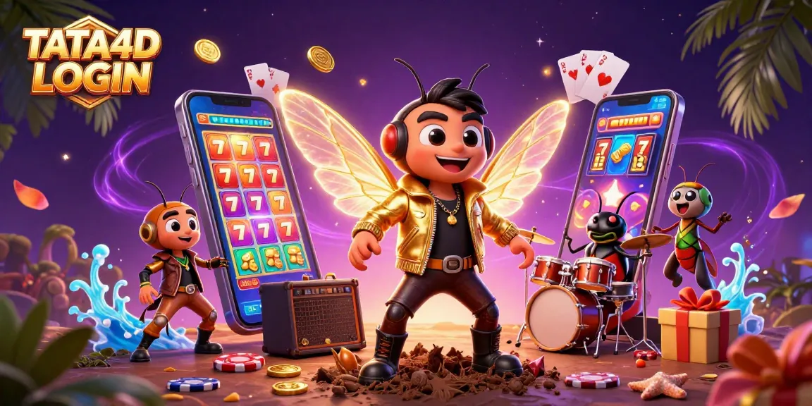 TATA4D LOGIN showcases a vibrant 3D casino scene with a rock star and gaming elements.