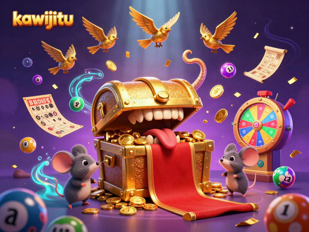 Experience the thrill of kawijitu as a 3D treasure chest lures adventurous mice with casino elements.