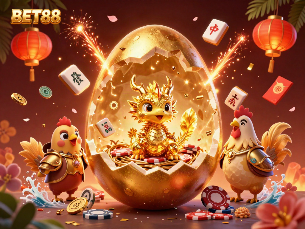 Engage with BET88's exciting gaming universe featuring a gold-crystallized dragon and vibrant casino elements.