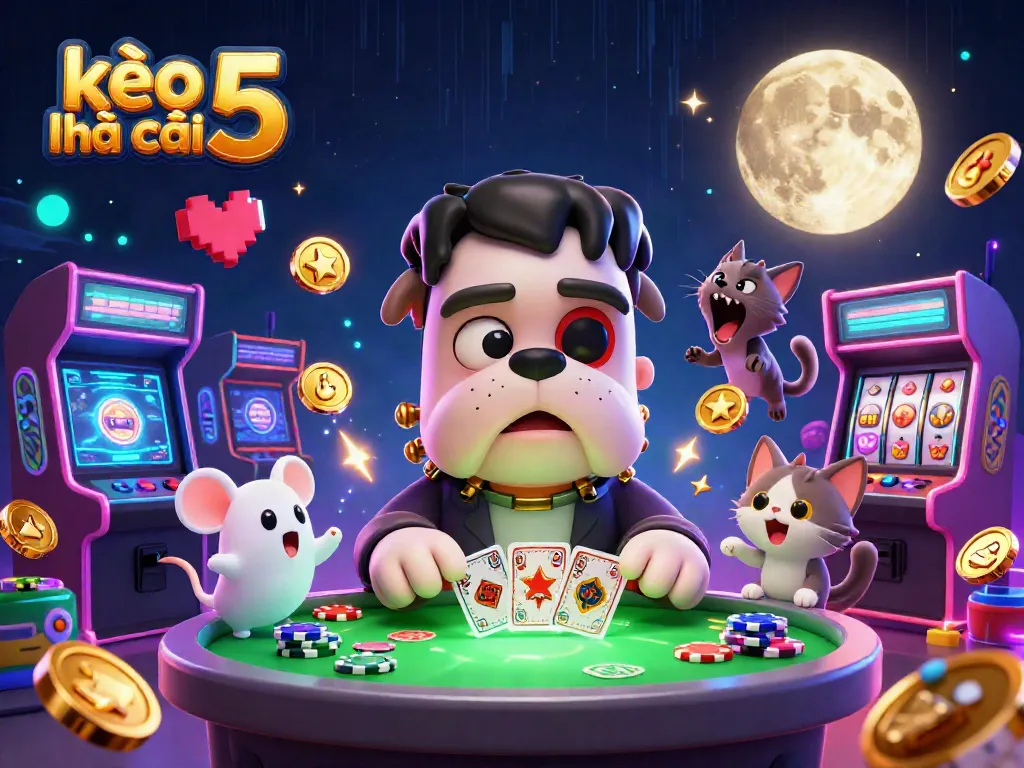 Engage with the thrilling kèo nhà cái 5 scene, featuring a Frankenstein bulldog dealing cards with vibrant casino elements.