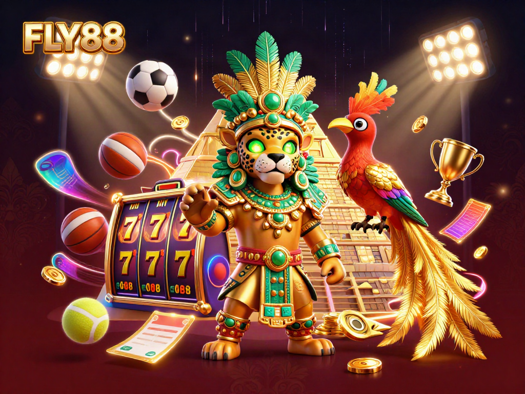 Engage in thrilling gameplay at FLY88 with a vibrant 3D illustration emphasizing casino excitement.