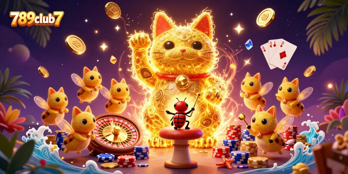 Experience thrilling gameplay at 789club7 with lively golden fireflies and captivating casino symbols.