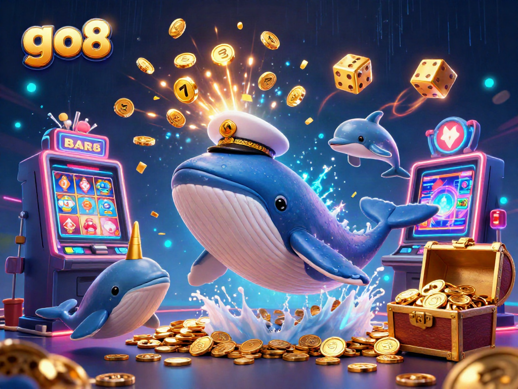 Experience the excitement of go8 with a whimsical 3D ocean-themed casino scene including a whale, narwhal, and dolphins.