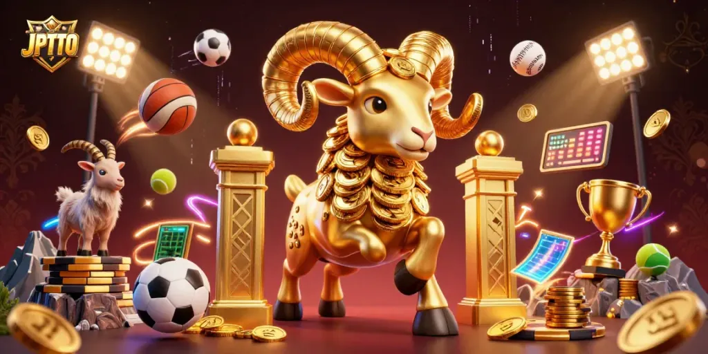 JPTOTO showcases a dynamic gaming scene with a golden ram and sports elements to engage bettors.