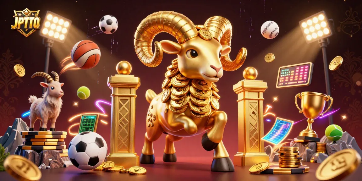JPTOTO showcases a dynamic gaming scene with a golden ram and sports elements to engage bettors.