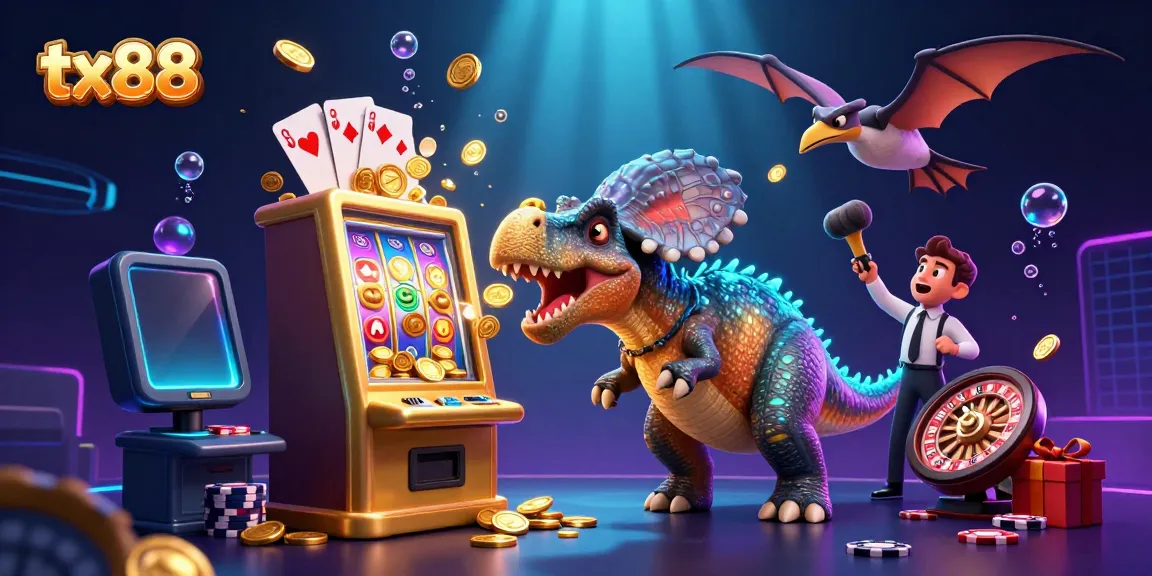 tx88 triggers jackpot excitement with dynamic 3D casino illustration featuring dinosaurs in action.