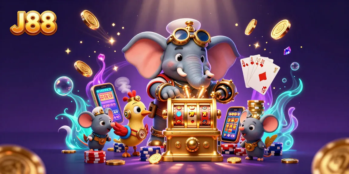 Spin to win at J88 with a steampunk elephant engineer and exciting casino elements.