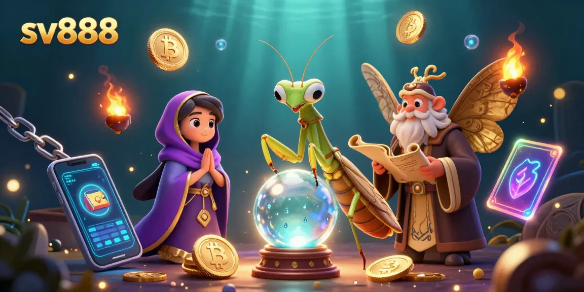 Experience sv888 thrill inside a vibrant casino, featuring mystical characters and glowing crypto elements.