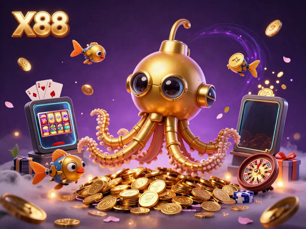 X88 kraken-themed online casino illustration with colorful slot games, coins, and cards.