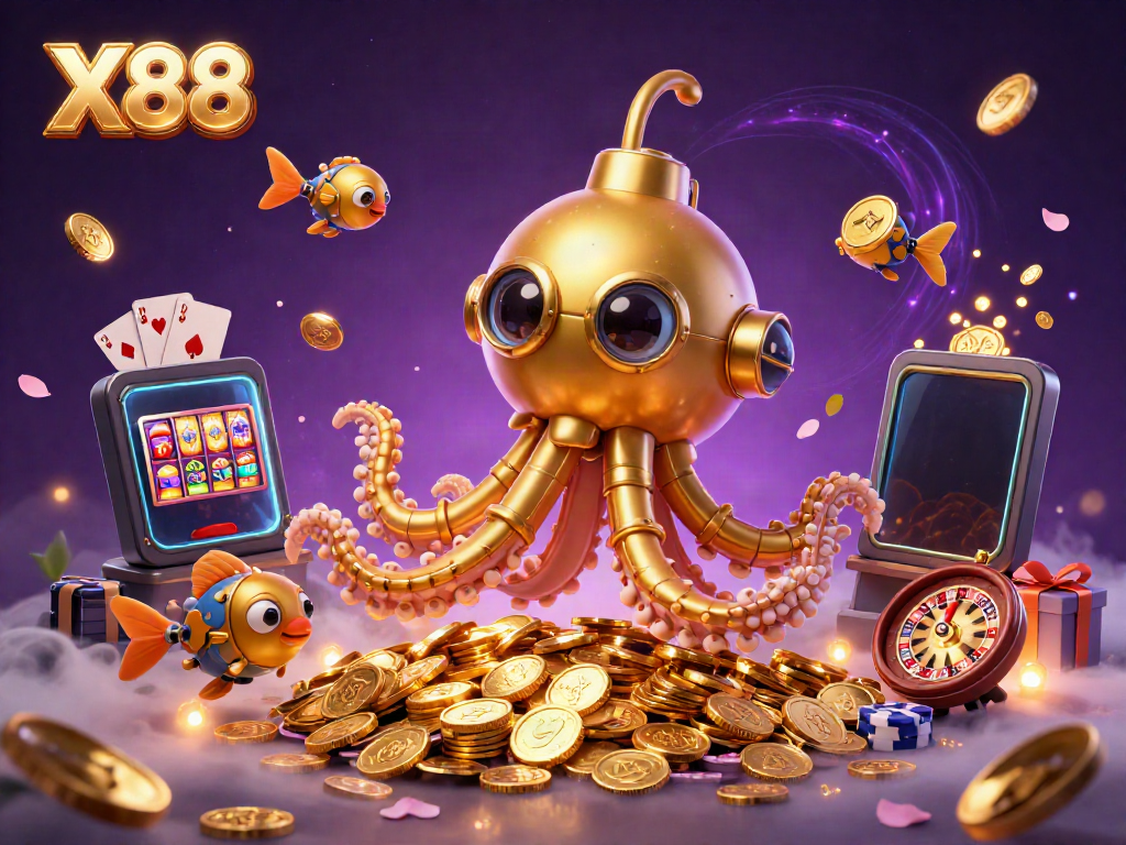 X88 kraken-themed online casino illustration with colorful slot games, coins, and cards.