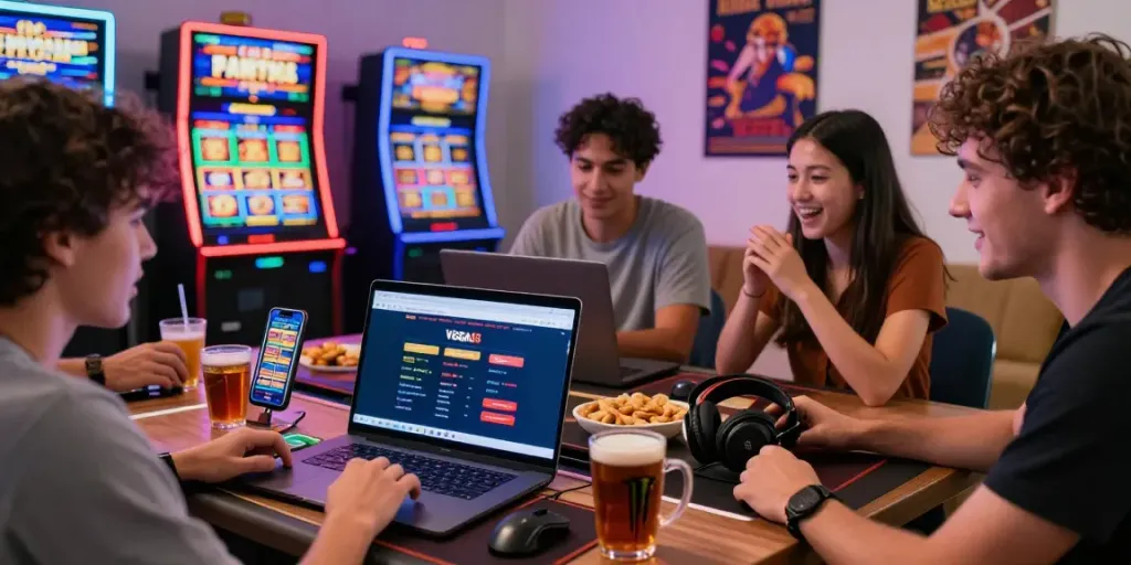 Cheerful friends enjoying online gaming with Link Alternatif Vegas88 on laptop, snacks and drinks enhancing the atmosphere.