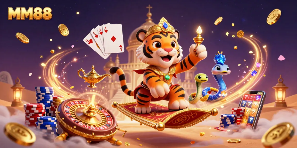 Join the excitement of MM88 with the magic of casino gaming featuring a tiger sultan and vibrant game elements.