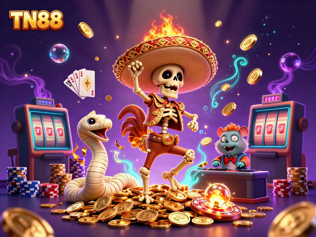 Experience the excitement of TN88 with a vibrant casino scene featuring a dancing mariachi rooster and treasures.