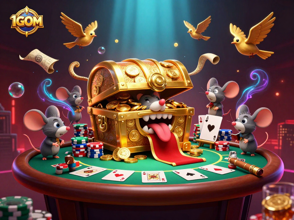 Engage with thrilling 1GOM betting action showcasing a charming treasure chest and vibrant poker scene.