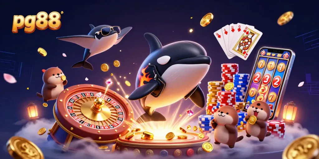 Engage with pg88 while enjoying an exciting casino scene featuring animated characters and vibrant game elements.