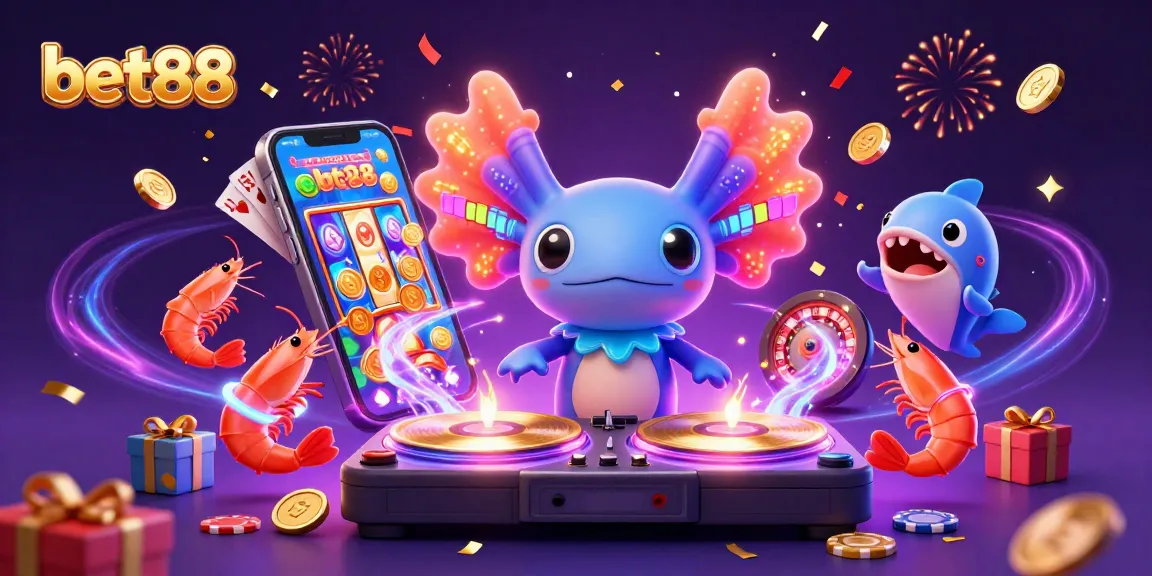 Experience the vibrant excitement at bet88 with a colorful underwater DJ party illustration showcasing games, coins, and more.