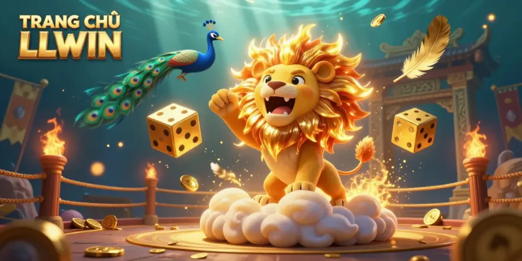 Experience TRANG CHỦ LLWIN with a roaring sun lion, golden dice, and vibrant casino elements.