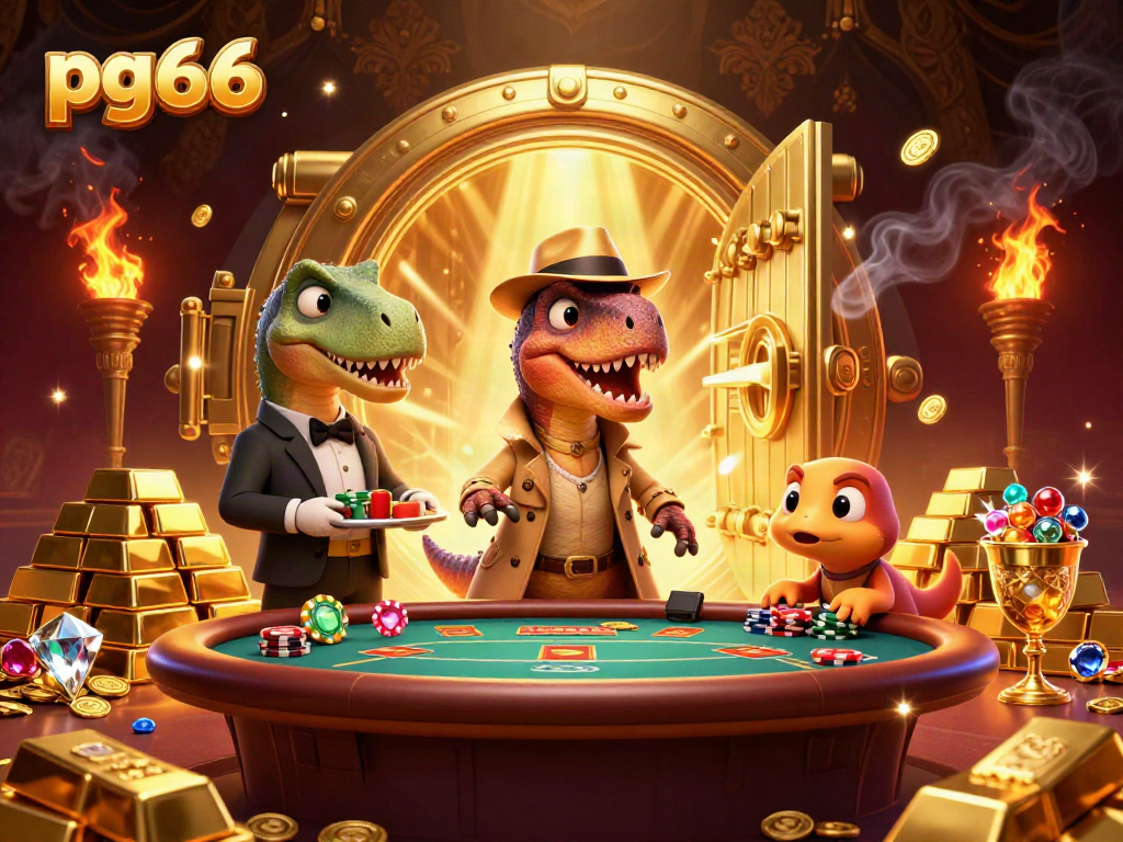 Win big at PG66 while a velociraptor and friends interact with casino elements in a vibrant atmosphere.